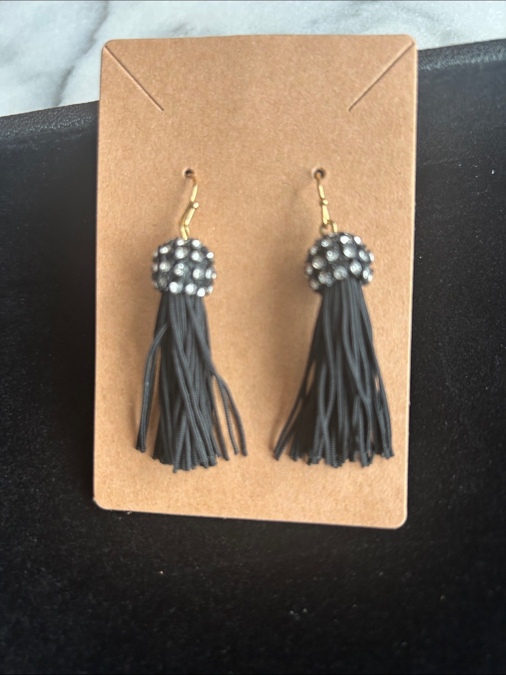 Black Tassel Earrings with Crystal Pave Cap and Gold Hooks